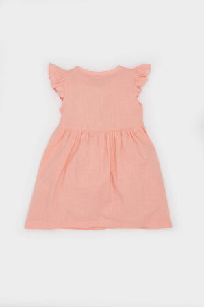 Kız Bebek Basic Düz Kısa Kollu Flamlı Poplin Elbise