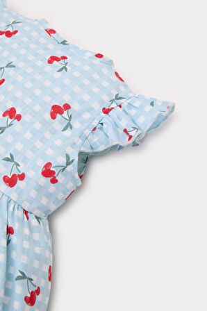 Kız Bebek Desenli Kısa Kollu Flamlı Poplin Elbise