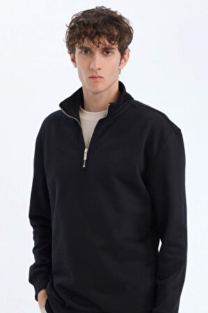 Comfort Regular Fit Rahat Kalıp Fermuarlı Dik Yaka Basic Düz Sweatshirt