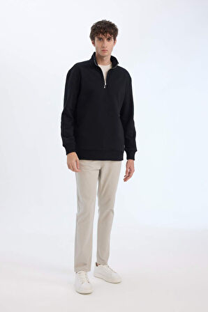 Comfort Regular Fit Rahat Kalıp Fermuarlı Dik Yaka Basic Düz Sweatshirt