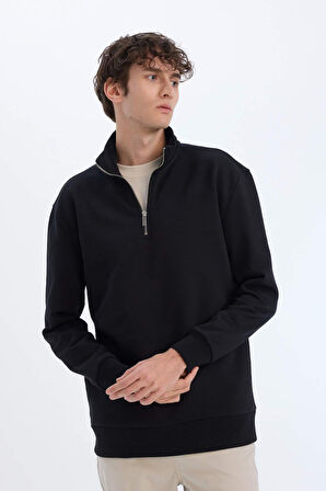Comfort Regular Fit Rahat Kalıp Fermuarlı Dik Yaka Basic Düz Sweatshirt