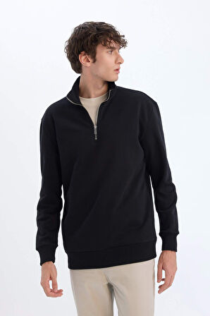 Comfort Regular Fit Rahat Kalıp Fermuarlı Dik Yaka Basic Düz Sweatshirt