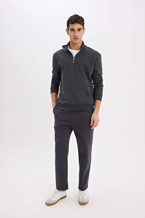 Comfort Regular Fit Rahat Kalıp Fermuarlı Dik Yaka Basic Düz Sweatshirt