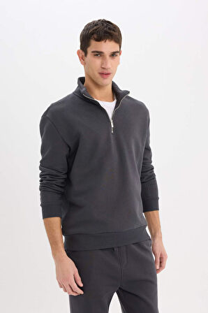 Comfort Regular Fit Rahat Kalıp Fermuarlı Dik Yaka Basic Düz Sweatshirt