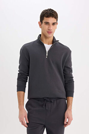 Comfort Regular Fit Rahat Kalıp Fermuarlı Dik Yaka Basic Düz Sweatshirt