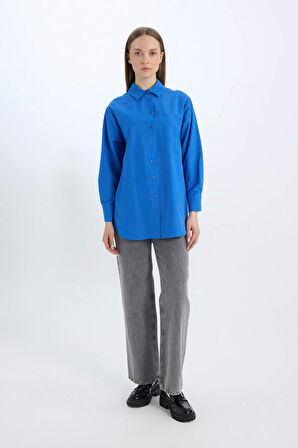 DeFacto Relax Fit Poplin Basic Düz Uzun Kollu Gömlek Tunik D7342AX25SPBE463