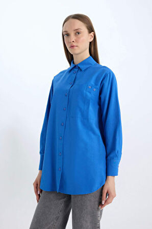 DeFacto Relax Fit Poplin Basic Düz Uzun Kollu Gömlek Tunik D7342AX25SPBE463