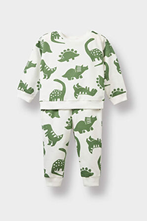 Erkek Bebek 2'li Takım Dinazor Baskılı Sweatshirt Eşofman Altı