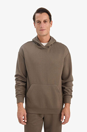 Boxy Fit Kapüşonlu Kanguru Cepli Jakarlı Sweatshirt