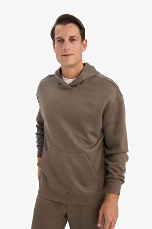 Boxy Fit Kapüşonlu Kanguru Cepli Jakarlı Sweatshirt