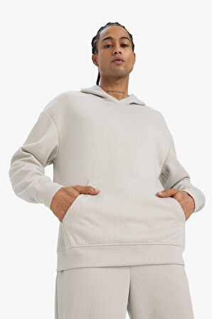 Boxy Fit Kapüşonlu Kanguru Cepli Jakarlı Sweatshirt