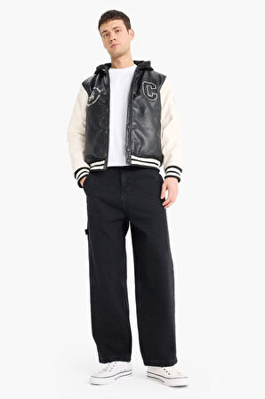Regular Fit Kolej Yaka Çıkarılabilir Kapüşonlu Çıtçıtlı Suni Deri Bomber Mont