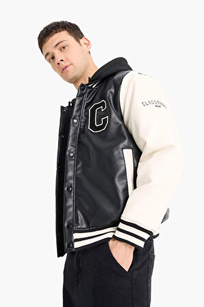 Regular Fit Kolej Yaka Çıkarılabilir Kapüşonlu Çıtçıtlı Suni Deri Bomber Mont