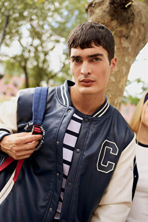 Regular Fit Kolej Yaka Çıkarılabilir Kapüşonlu Çıtçıtlı Suni Deri Bomber Mont