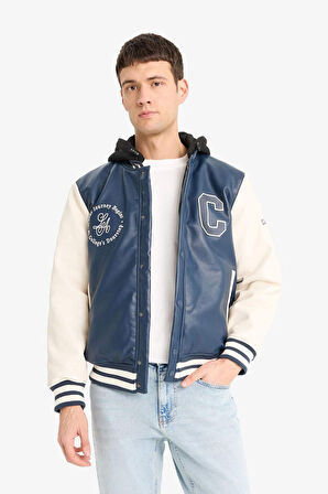 Regular Fit Kolej Yaka Çıkarılabilir Kapüşonlu Çıtçıtlı Suni Deri Bomber Mont