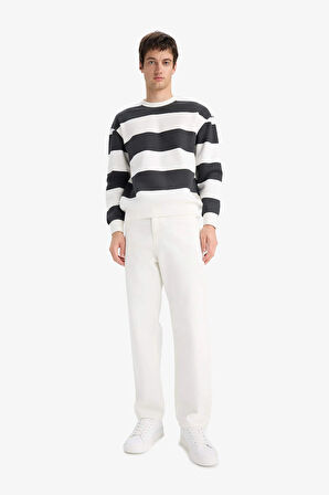 Defacto A9066 Antrasit Boxy Fit Bisiklet Yaka Çizgili Sweatshirt