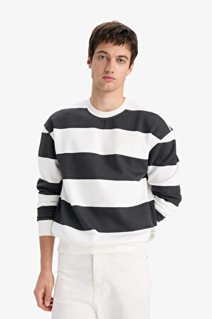 Defacto A9066 Antrasit Boxy Fit Bisiklet Yaka Çizgili Sweatshirt