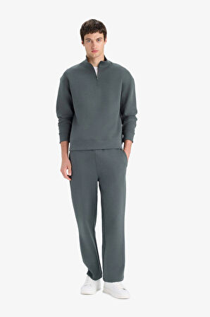 Defacto E9363 Yeşil Boxy Fit Dik Yaka Yarım Fermuarlı Skuba Dalgıç Kumaş Sweatshirt