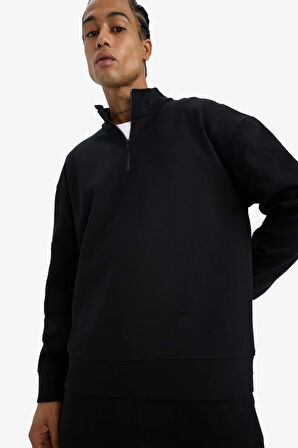 Boxy Fit Dik Yaka Yarım Fermuarlı Skuba Dalgıç Kumaş Sweatshirt 