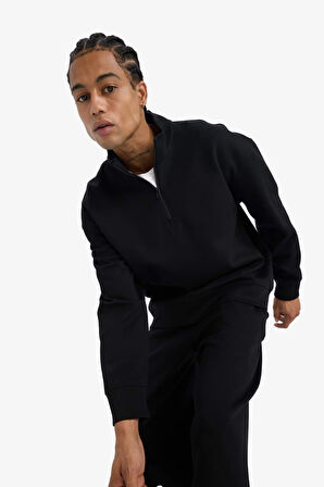 Boxy Fit Dik Yaka Yarım Fermuarlı Skuba Dalgıç Kumaş Sweatshirt 