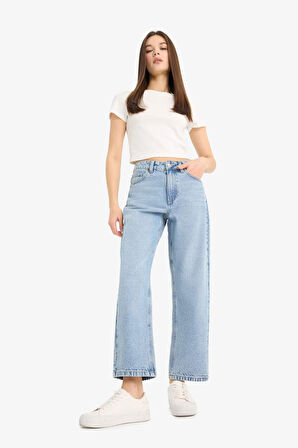 Straight Fit Yüksek Bel Düz Paça Uzun Jean Kar Yıkamalı Pantolon