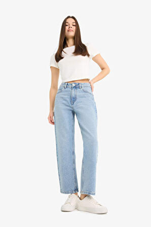 Straight Fit Yüksek Bel Düz Paça Uzun Jean Kar Yıkamalı Pantolon