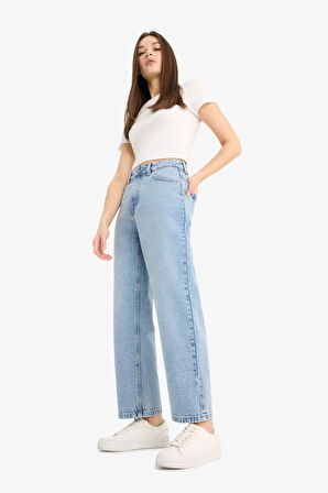 Straight Fit Yüksek Bel Düz Paça Uzun Jean Kar Yıkamalı Pantolon