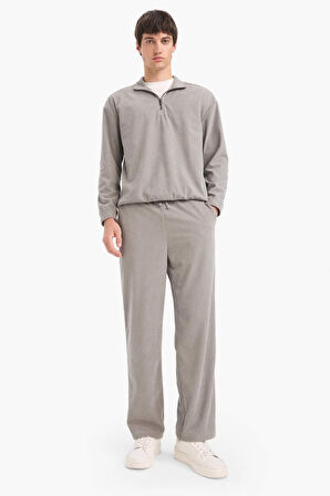 Boxy Fit Dik Yaka Fermuarlı Kadife Sweatshirt