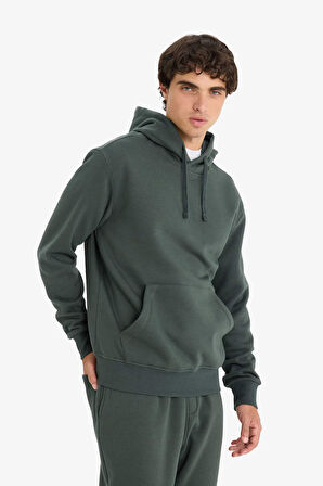 Regular Fit Kapüşonlu İçi Yumuşak Tüylü Kanguru Cepli Basic Düz Sweatshirt