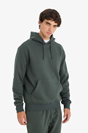 Regular Fit Kapüşonlu İçi Yumuşak Tüylü Kanguru Cepli Basic Düz Sweatshirt