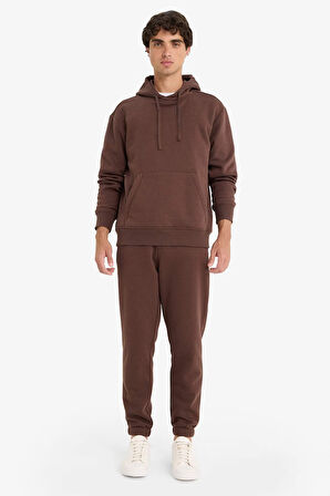 Regular Fit Kapüşonlu İçi Yumuşak Tüylü Kanguru Cepli Basic Düz Sweatshirt