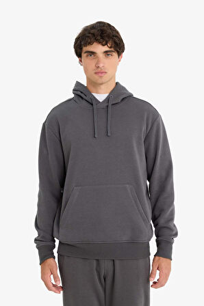 Regular Fit Kapüşonlu İçi Yumuşak Tüylü Kanguru Cepli Basic Düz Sweatshirt