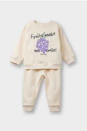 Kız Bebek 2'li Takım İçi Yumuşak Tüylü Baskılı Sweatshirt Eşofman Altı