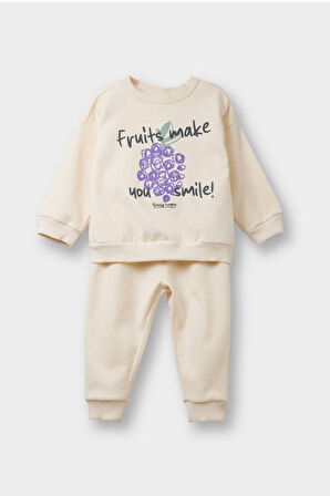 Kız Bebek 2'li Takım İçi Yumuşak Tüylü Baskılı Sweatshirt Eşofman Altı