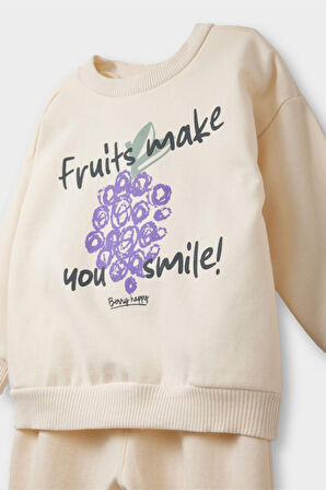 Kız Bebek 2'li Takım İçi Yumuşak Tüylü Baskılı Sweatshirt Eşofman Altı