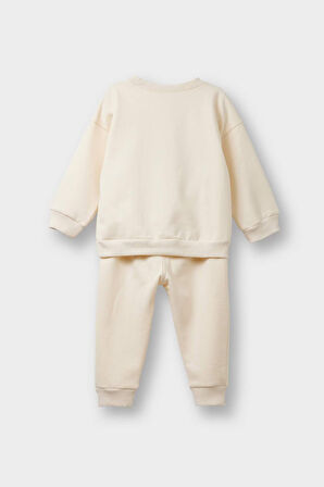 Kız Bebek 2'li Takım İçi Yumuşak Tüylü Baskılı Sweatshirt Eşofman Altı