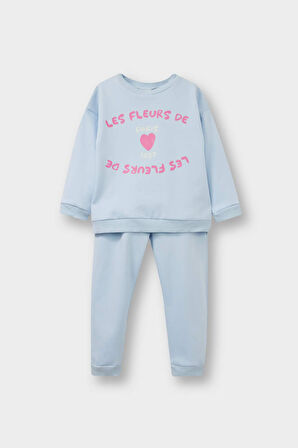 Kız Bebek 2'li Takım Baskılı İçi Yumuşak Tüylü Sweatshirt Eşofman Altı