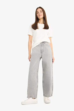 Barrel Fit Yüksek Bel Düz Paça Uzun Jean Kar Yıkamalı Pantolon