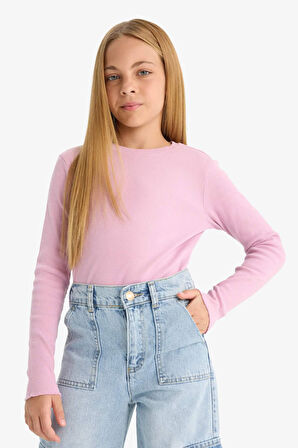 Kız Çocuk Okula Dönüş Slim Fit Dar Kesim Bisiklet Yaka Fitilli Kaşkorse 2'li Uzun Kollu Tişört