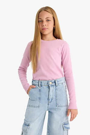 Kız Çocuk Okula Dönüş Slim Fit Dar Kesim Bisiklet Yaka Fitilli Kaşkorse 2'li Uzun Kollu Tişört