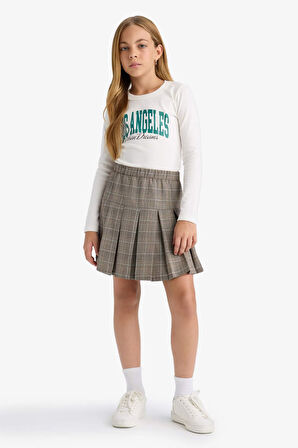 Kız Çocuk Slim Fit Dar Kesim Bisiklet Yaka Baskılı Fitilli Kaşkorse Uzun Kollu Tişört