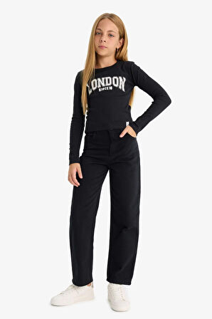 Kız Çocuk Slim Fit Dar Kesim Bisiklet Yaka Baskılı Fitilli Kaşkorse Uzun Kollu Tişört