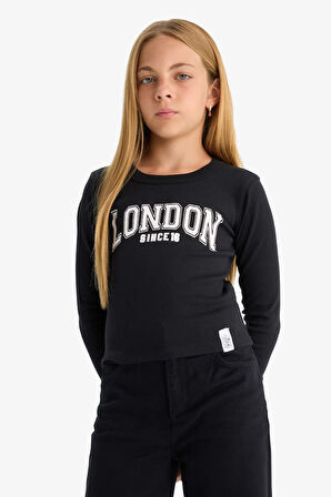 Kız Çocuk Slim Fit Dar Kesim Bisiklet Yaka Baskılı Fitilli Kaşkorse Uzun Kollu Tişört