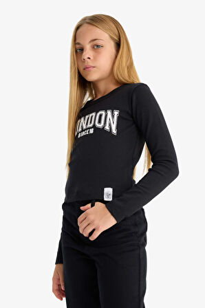 Kız Çocuk Slim Fit Dar Kesim Bisiklet Yaka Baskılı Fitilli Kaşkorse Uzun Kollu Tişört