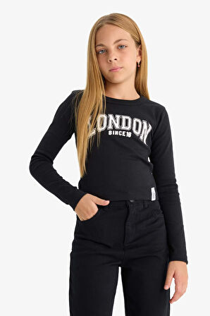 Kız Çocuk Slim Fit Dar Kesim Bisiklet Yaka Baskılı Fitilli Kaşkorse Uzun Kollu Tişört