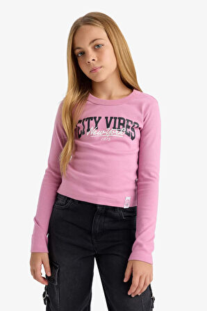 Kız Çocuk Slim Fit Dar Kesim Bisiklet Yaka Baskılı Fitilli Kaşkorse Uzun Kollu Tişört