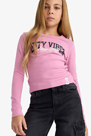 Kız Çocuk Slim Fit Dar Kesim Bisiklet Yaka Baskılı Fitilli Kaşkorse Uzun Kollu Tişört