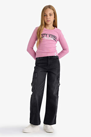 Kız Çocuk Slim Fit Dar Kesim Bisiklet Yaka Baskılı Fitilli Kaşkorse Uzun Kollu Tişört