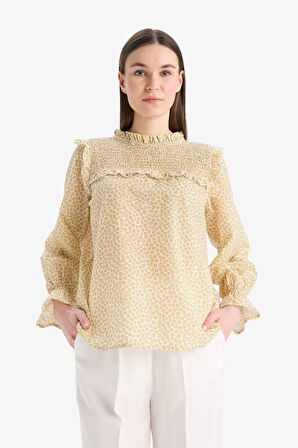 Regular Fit Desenli Fırfır Yaka Vual Uzun Kollu Bluz Tunik