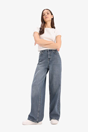 Wide Leg Yüksek Bel Uzun Jean Yıkamalı Pantolon